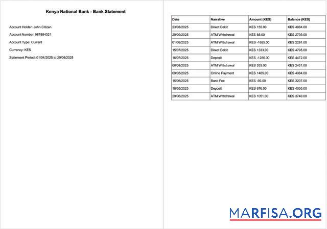 Realistic Kenya National Bank bank statement word 2 pages template